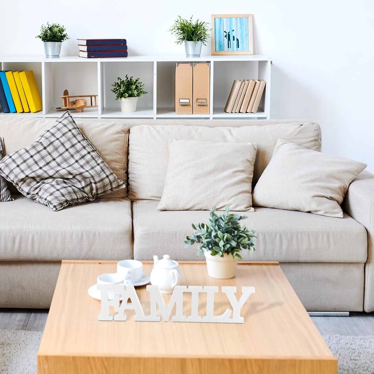 Wooden Home Wall Decor Sign Rustic Family Room Table Decoration Family Letter Signs for Pantry Kitchen Living Room Bedroom Shelf Mantel Fireplace Tables Centerpiece(Yellow)