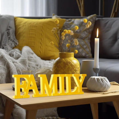 Wooden Home Wall Decor Sign Rustic Family Room Table Decoration Family Letter Signs for Pantry Kitchen Living Room Bedroom Shelf Mantel Fireplace Tables Centerpiece(Yellow)