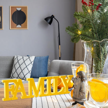 Wooden Home Wall Decor Sign Rustic Family Room Table Decoration Family Letter Signs for Pantry Kitchen Living Room Bedroom Shelf Mantel Fireplace Tables Centerpiece(Yellow)