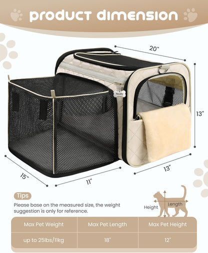 Cat Carrier Soft for Small-Medium Cats Up to 25lbs, Airline Approved | Expandable Square Design,Comfort & Breathable Window,Equipped with anti-slip lock zippers and an internal safety leash