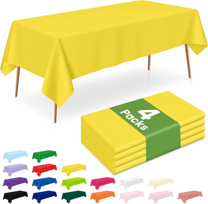 4 Pack Yellow Plastic Table Cloths Disposable, 54 x 108 Inch Rectangle Tablecloth, Easter Party, Decorative Tablecloths Lemon Plastic Cover