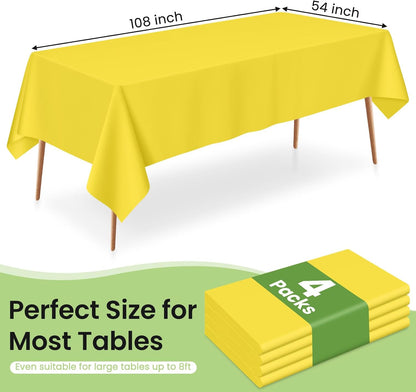 4 Pack Yellow Plastic Table Cloths Disposable, 54 x 108 Inch Rectangle Tablecloth, Easter Party, Decorative Tablecloths Lemon Plastic Cover
