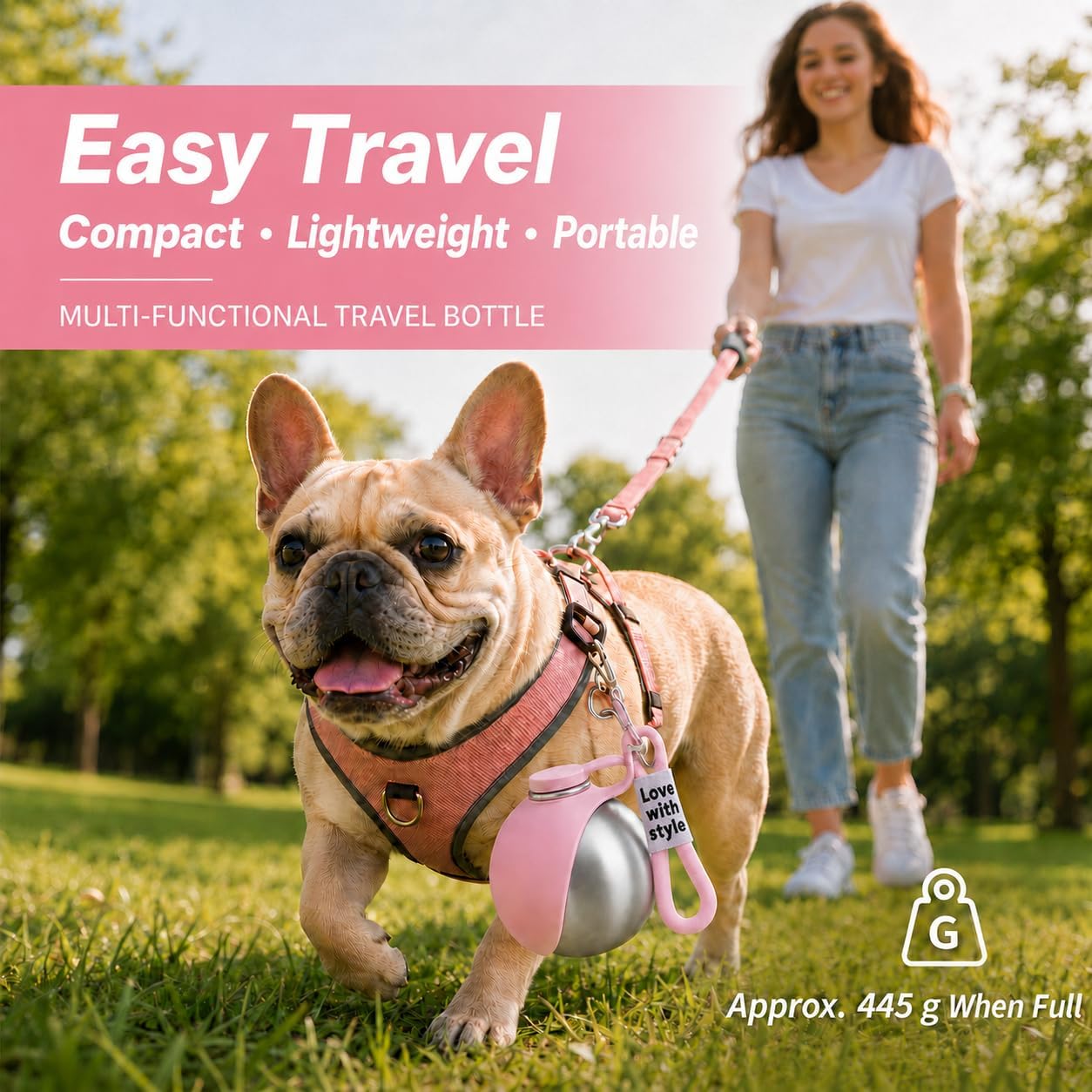 Portable Pet Dog Water Bottle with Silicone Collapsible Bowl, 10 oz Pink | Stainless Steel Pet Travel Dispenser with Rope | Dogs on Walks Hiking Accessories | Puppy Small Pets Essentials