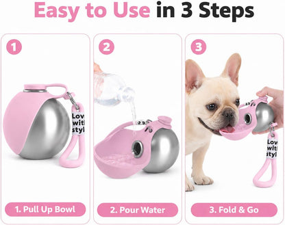 Portable Pet Dog Water Bottle with Silicone Collapsible Bowl, 10 oz Pink | Stainless Steel Pet Travel Dispenser with Rope | Dogs on Walks Hiking Accessories | Puppy Small Pets Essentials