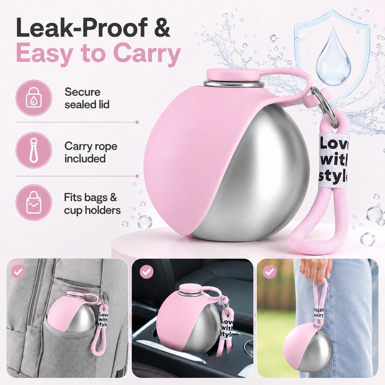 Portable Pet Dog Water Bottle with Silicone Collapsible Bowl, 10 oz Pink | Stainless Steel Pet Travel Dispenser with Rope | Dogs on Walks Hiking Accessories | Puppy Small Pets Essentials