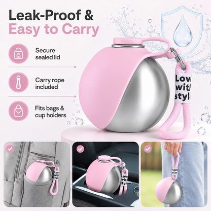 Portable Pet Dog Water Bottle with Silicone Collapsible Bowl, 10 oz Pink | Stainless Steel Pet Travel Dispenser with Rope | Dogs on Walks Hiking Accessories | Puppy Small Pets Essentials