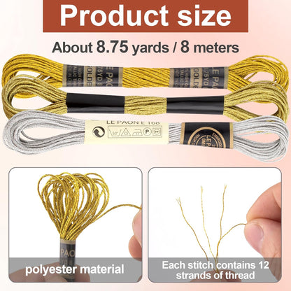 3 Skeins Metallic Embroidery Thread, Glitter Cross-Stitch Floss, Soft Polyester Embroidery String for DIY Sewing Crafts Making- Gold & Silver & Yellow