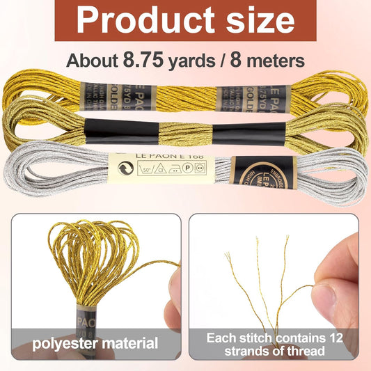 3 Skeins Metallic Embroidery Thread, Glitter Cross-Stitch Floss, Soft Polyester Embroidery String for DIY Sewing Crafts Making- Gold & Silver & Yellow