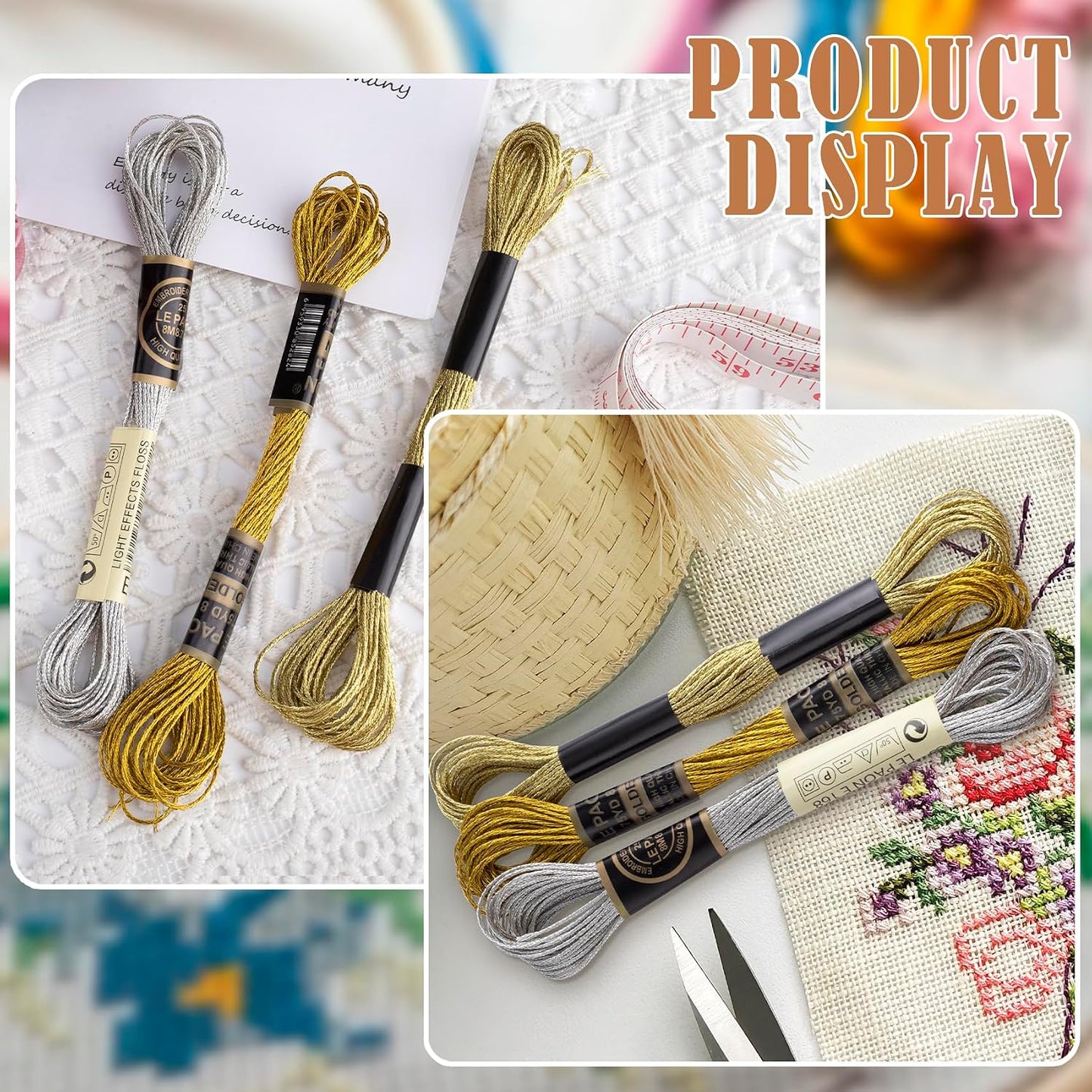 3 Skeins Metallic Embroidery Thread, Glitter Cross-Stitch Floss, Soft Polyester Embroidery String for DIY Sewing Crafts Making- Gold & Silver & Yellow