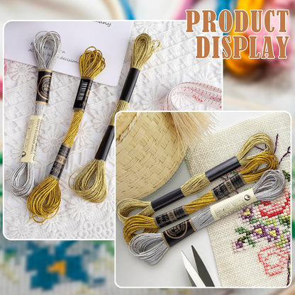 3 Skeins Metallic Embroidery Thread, Glitter Cross-Stitch Floss, Soft Polyester Embroidery String for DIY Sewing Crafts Making- Gold & Silver & Yellow