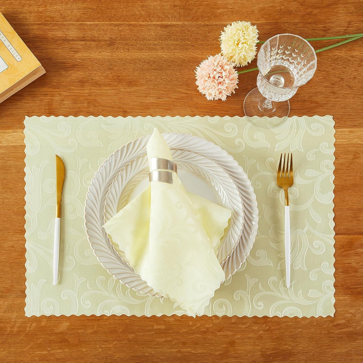 8 Pieces Wave Scroll Damask Jacquard Light Yellow Placemats,13 x 19 inch Protect Surface Heat and Stain Resistant Dinner Mats