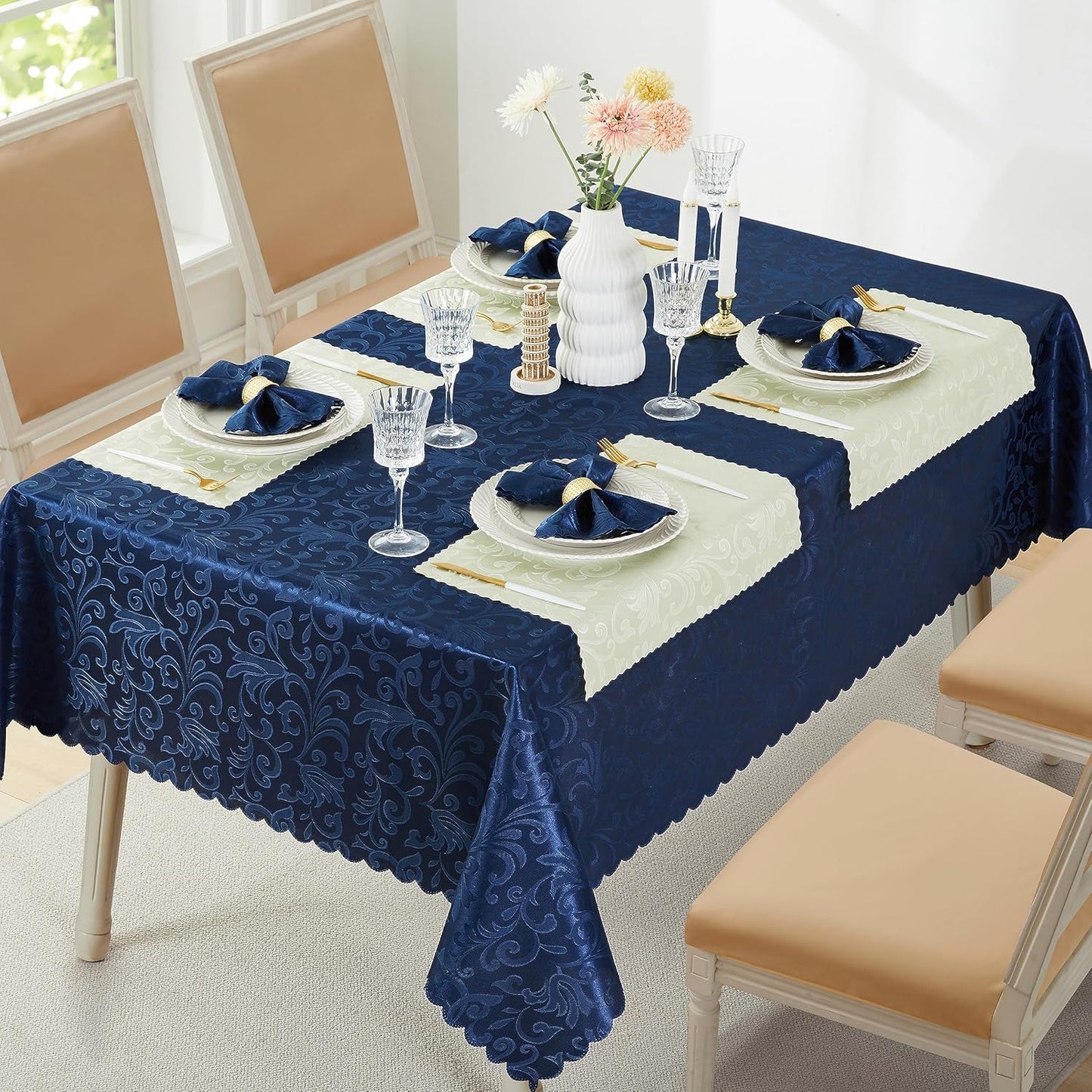 8 Pieces Wave Scroll Damask Jacquard Light Yellow Placemats,13 x 19 inch Protect Surface Heat and Stain Resistant Dinner Mats