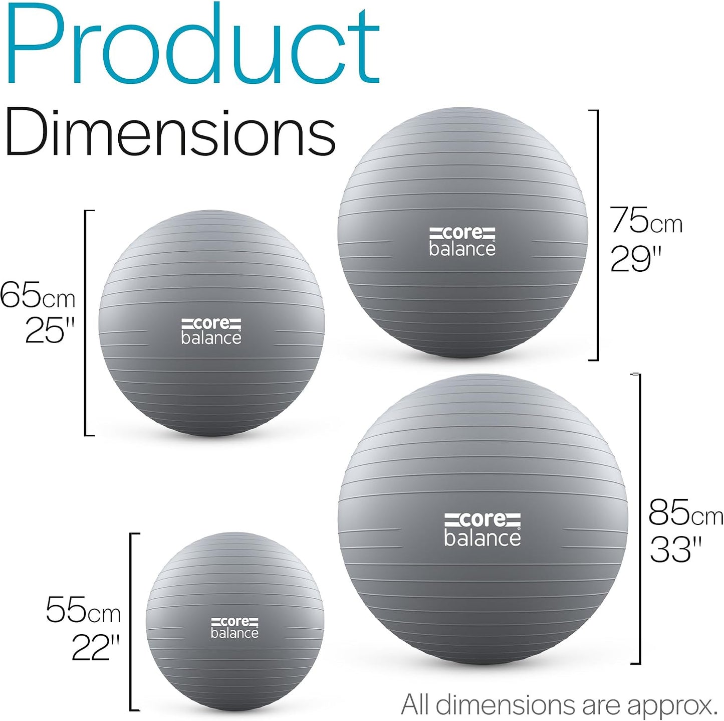 Exercise Ball, Stability Ball for Yoga, Pilates and Fitness, Gym Ball for Home Gym and Office Chair, Training, Physical Therapy, Anti Burst, Pump Included, 55cm 65cm 75cm 85cm