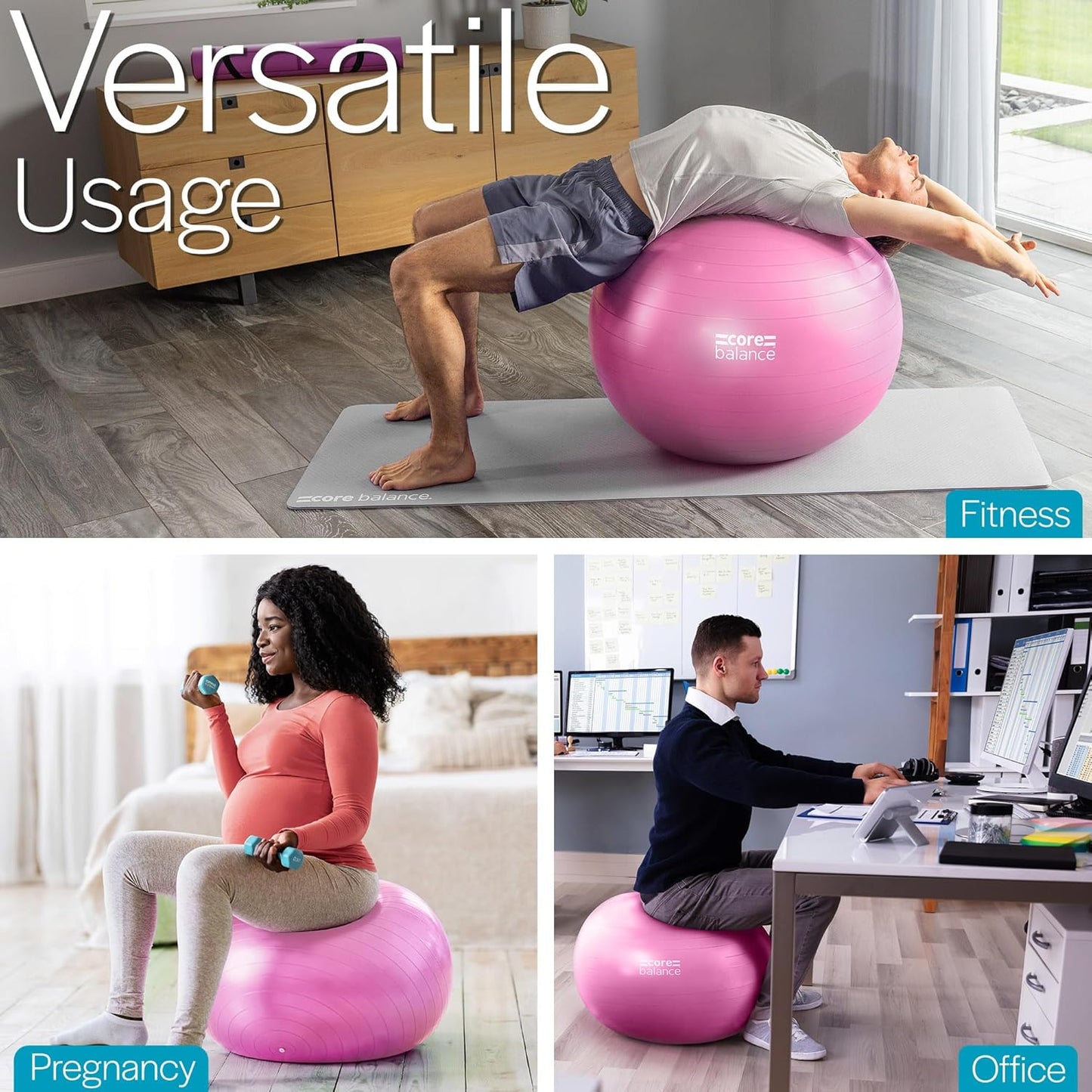 Exercise Ball, Stability Ball for Yoga, Pilates and Fitness, Gym Ball for Home Gym and Office Chair, Training, Physical Therapy, Anti Burst, Pump Included, 55cm 65cm 75cm 85cm