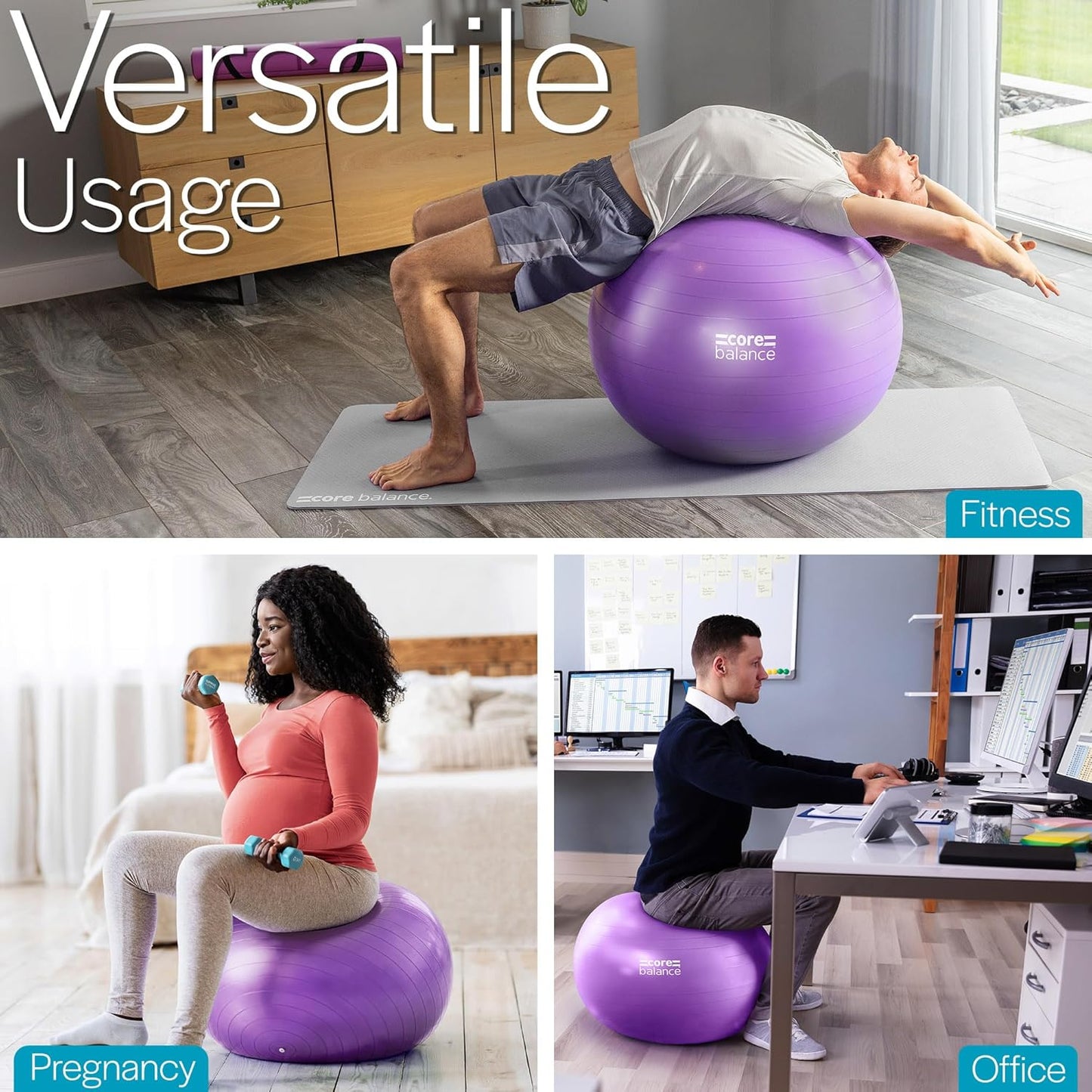 Exercise Ball, Stability Ball for Yoga, Pilates and Fitness, Gym Ball for Home Gym and Office Chair, Training, Physical Therapy, Anti Burst, Pump Included, 55cm 65cm 75cm 85cm