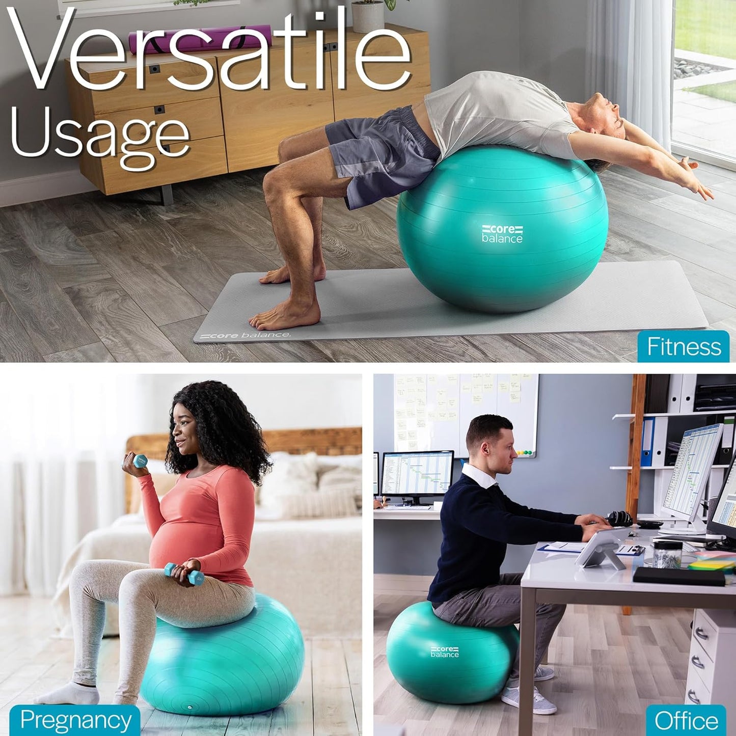 Exercise Ball, Stability Ball for Yoga, Pilates and Fitness, Gym Ball for Home Gym and Office Chair, Training, Physical Therapy, Anti Burst, Pump Included, 55cm 65cm 75cm 85cm