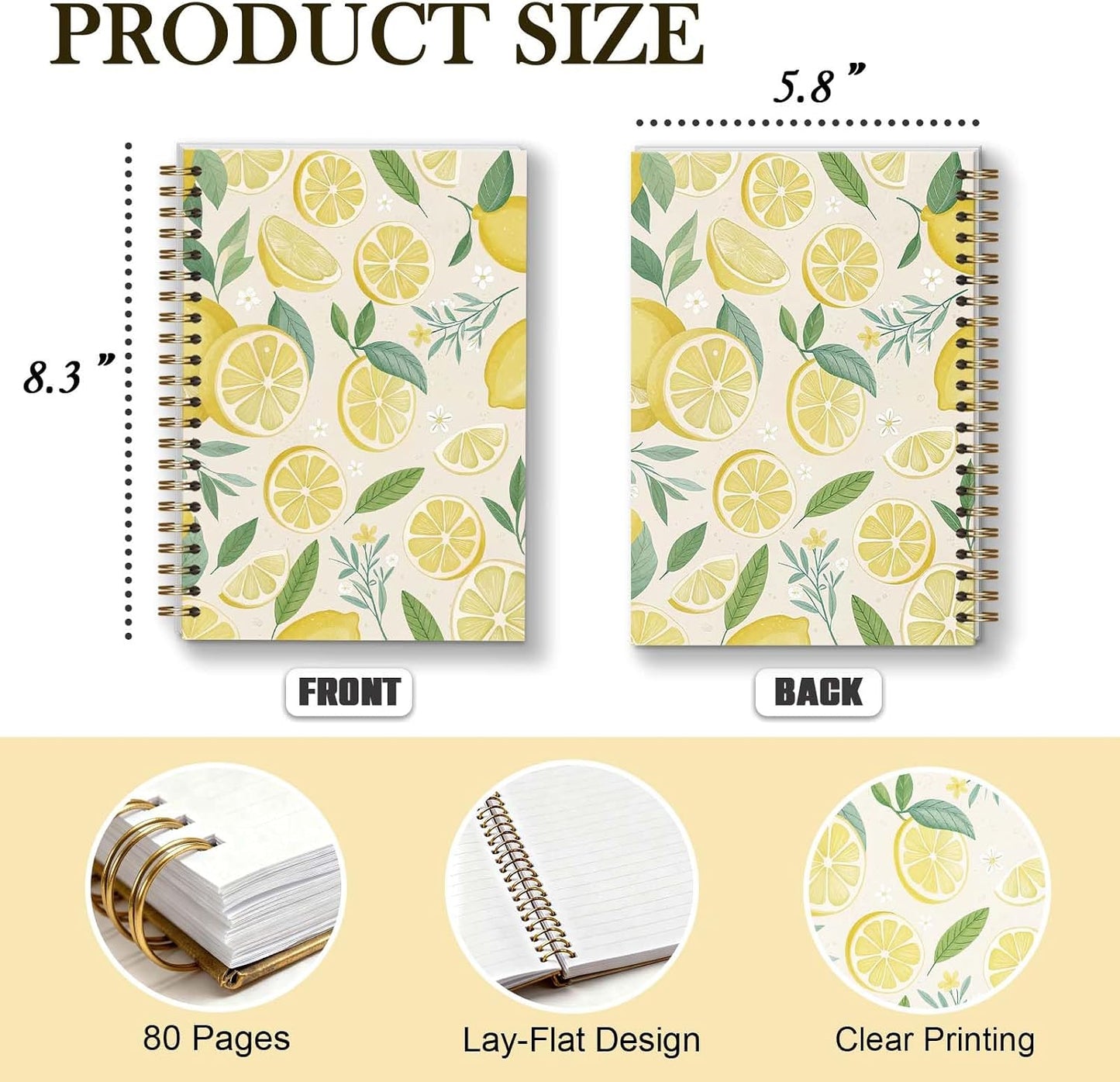 Amalfi Lemons Spiral Notebook, Aesthetic Cute Study Supplies, Christian Gifts for Women Girls, 5.8x8.3 Inch - A15