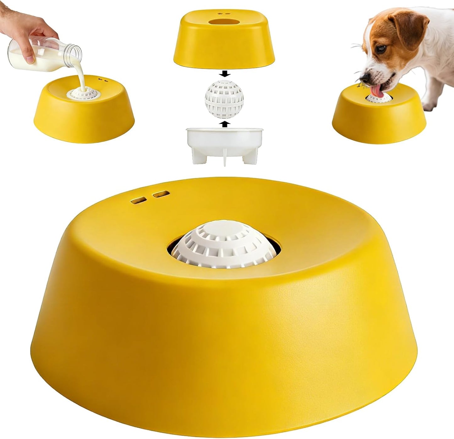 Slow Feeder Dog Bowls for Liquid Treat,Dog Licking Bowl with Rolling Balls,Calming Lick Bowl, Dog Lick Ball Bow for Wet Food Bone Broth & Yogurt for Large Medium Small Puppy Breeds (Yellow)