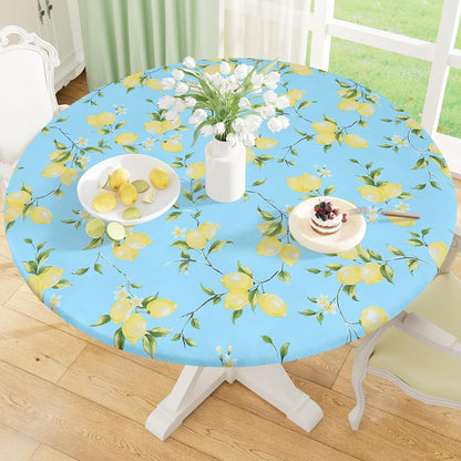 Round Fitted Tablecloth with Elastic Edge, 100% Waterproof Oil Proof Plastic Table Cover, Vinyl Flannel Backed Tablecloth Fits 25"-30" Round Tables for Dinner, Outdoor, Picnic, Lemon