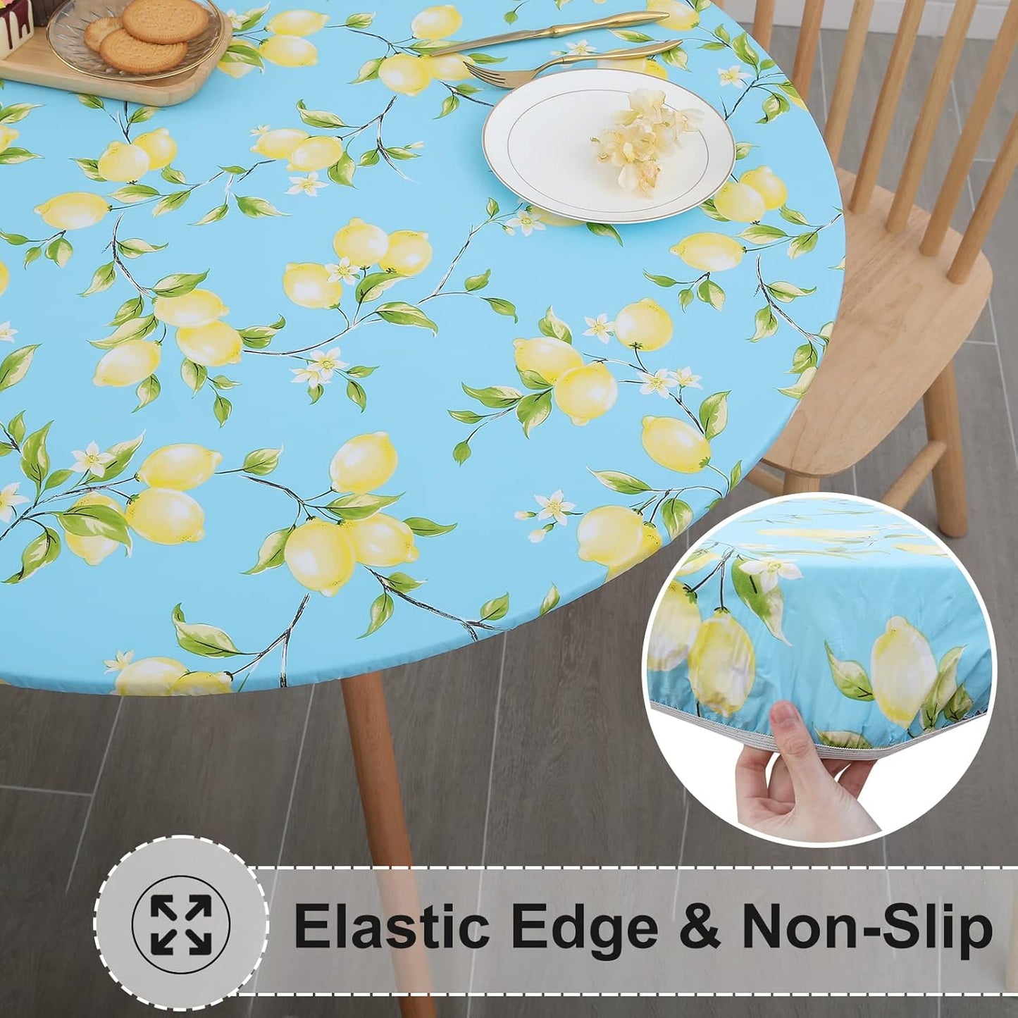 Round Fitted Tablecloth with Elastic Edge, 100% Waterproof Oil Proof Plastic Table Cover, Vinyl Flannel Backed Tablecloth Fits 25"-30" Round Tables for Dinner, Outdoor, Picnic, Lemon