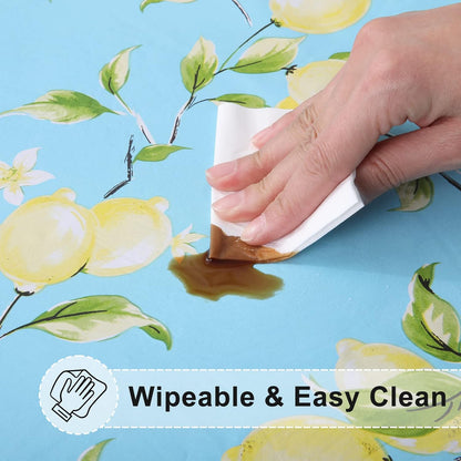 Round Fitted Tablecloth with Elastic Edge, 100% Waterproof Oil Proof Plastic Table Cover, Vinyl Flannel Backed Tablecloth Fits 25"-30" Round Tables for Dinner, Outdoor, Picnic, Lemon