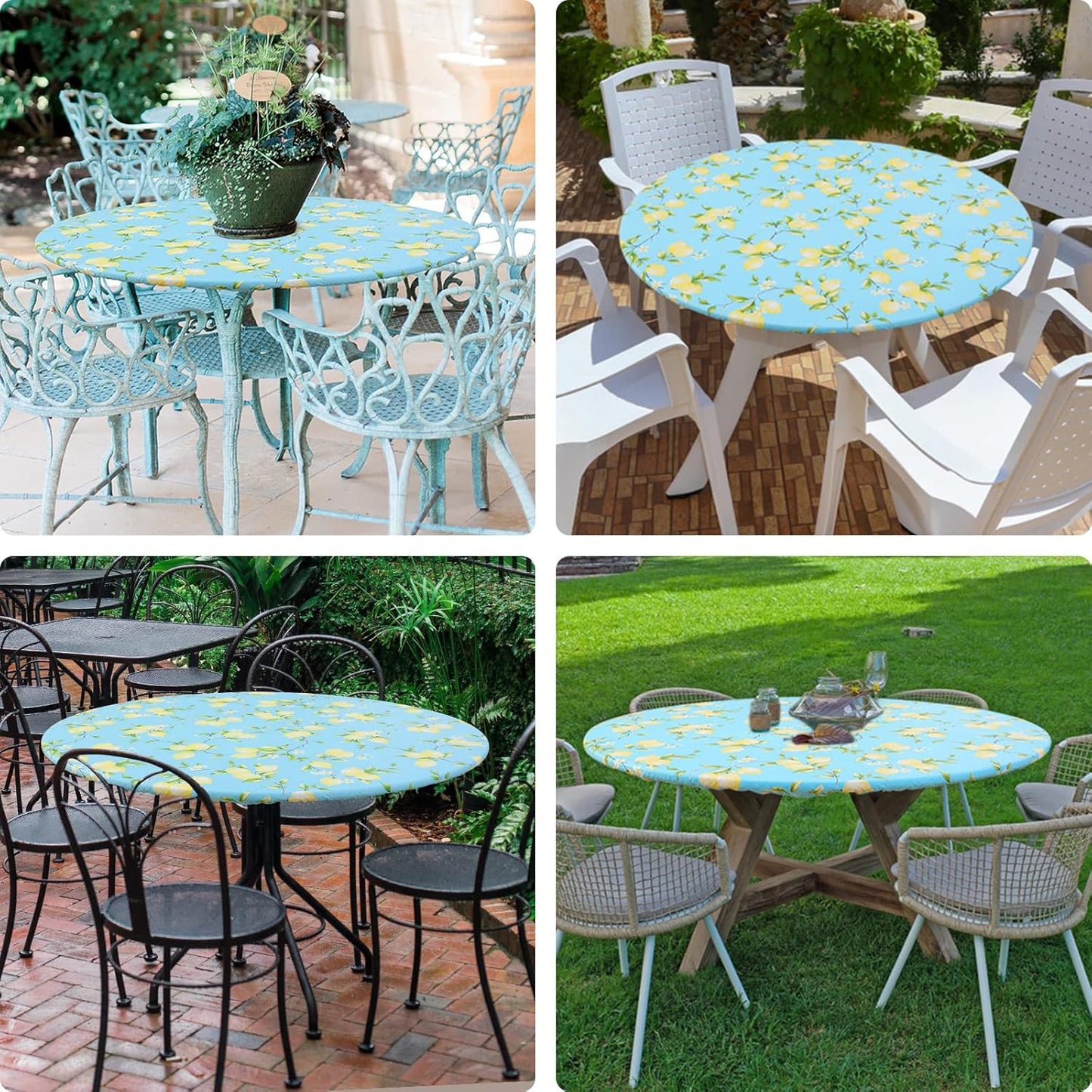 Round Fitted Tablecloth with Elastic Edge, 100% Waterproof Oil Proof Plastic Table Cover, Vinyl Flannel Backed Tablecloth Fits 25"-30" Round Tables for Dinner, Outdoor, Picnic, Lemon