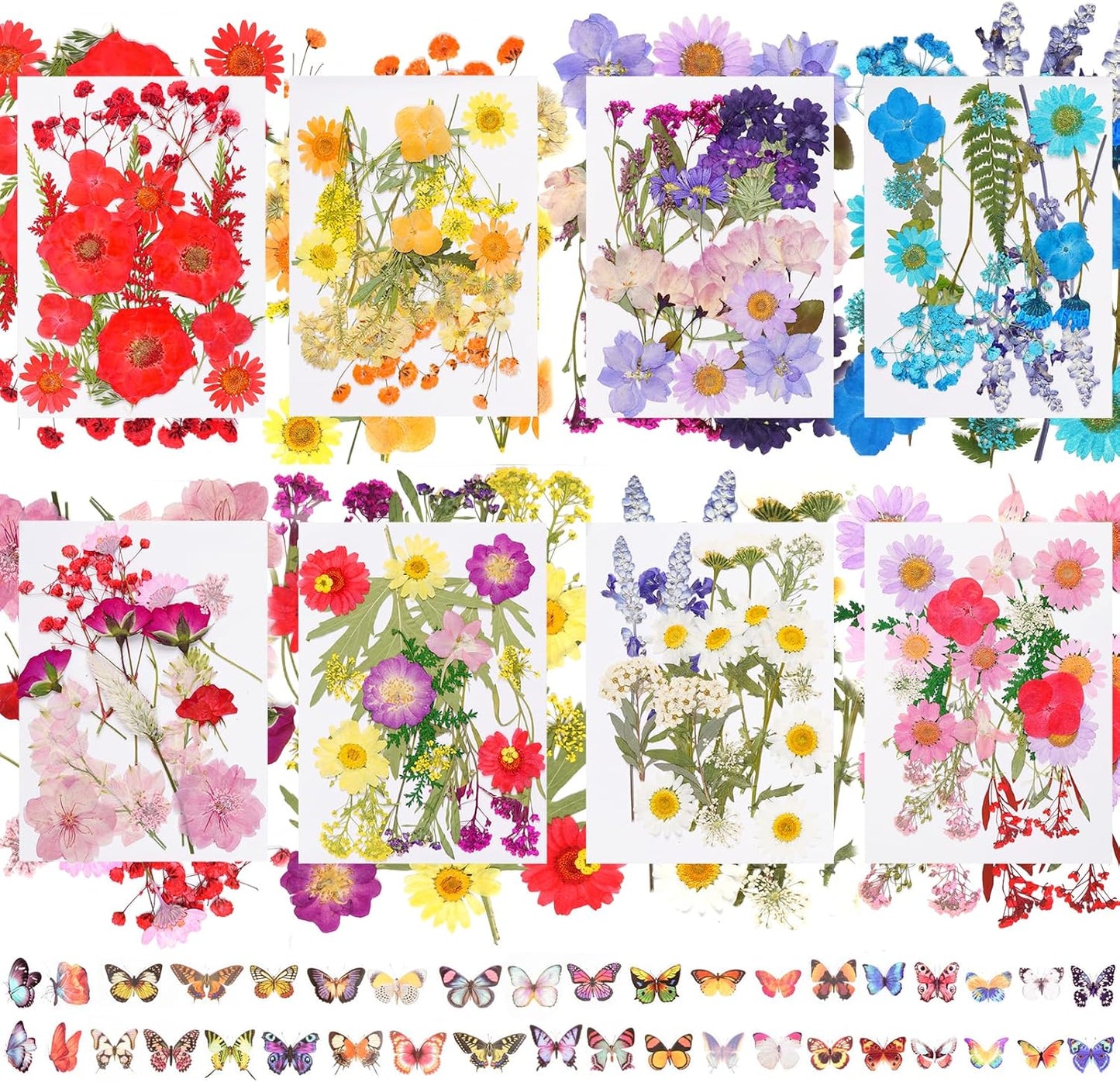 228Pcs Pressed Dried Flowers with Butterfly Stickers for Crafts, Natural Real Dried Pressed Flowers for DIY Art Butterfly Stickers Tweezers for Candle Soap Making, Scrapbook