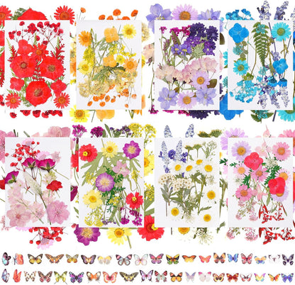 228Pcs Pressed Dried Flowers with Butterfly Stickers for Crafts, Natural Real Dried Pressed Flowers for DIY Art Butterfly Stickers Tweezers for Candle Soap Making, Scrapbook