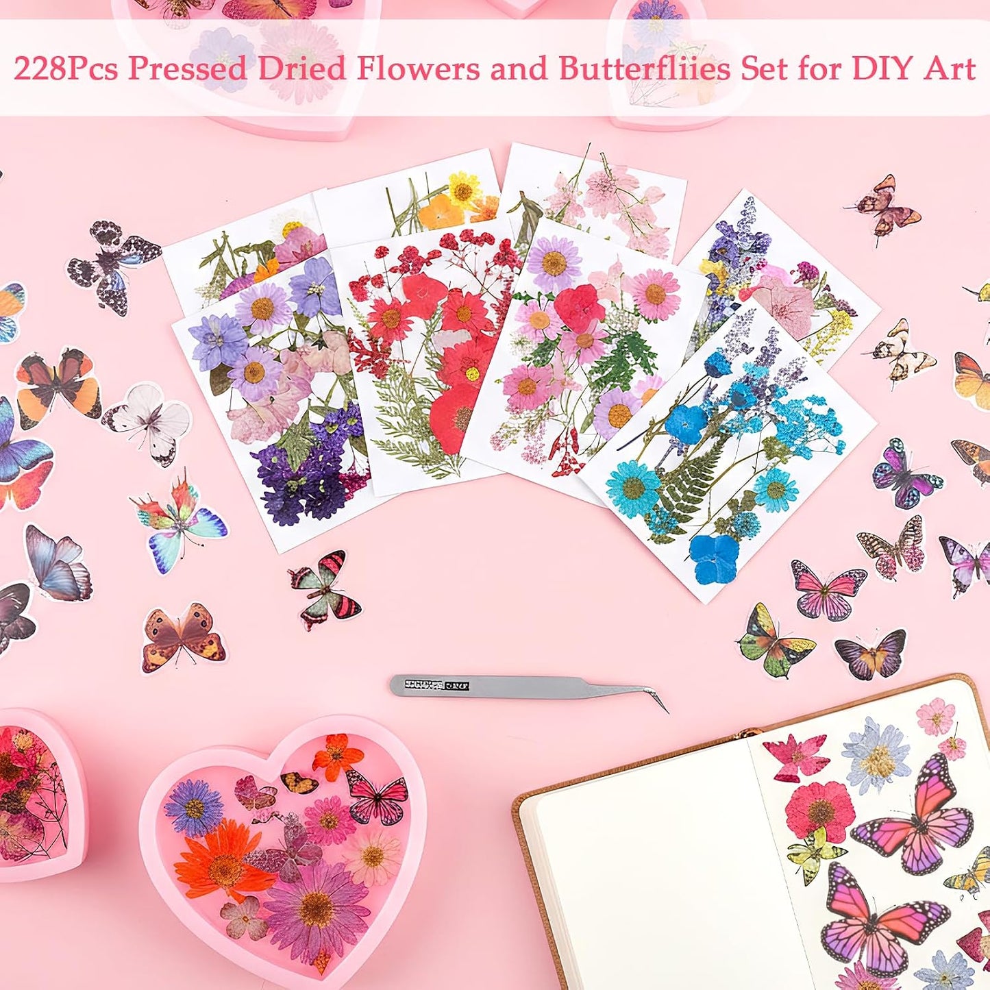 228Pcs Pressed Dried Flowers with Butterfly Stickers for Crafts, Natural Real Dried Pressed Flowers for DIY Art Butterfly Stickers Tweezers for Candle Soap Making, Scrapbook
