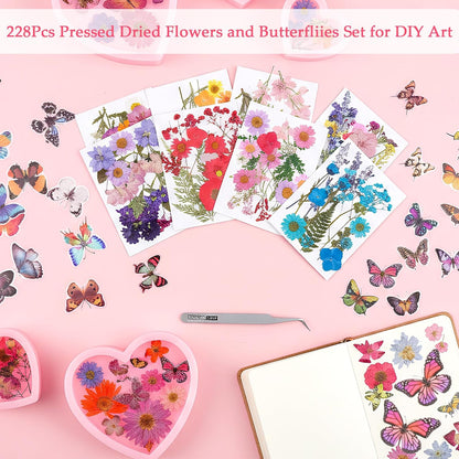 228Pcs Pressed Dried Flowers with Butterfly Stickers for Crafts, Natural Real Dried Pressed Flowers for DIY Art Butterfly Stickers Tweezers for Candle Soap Making, Scrapbook