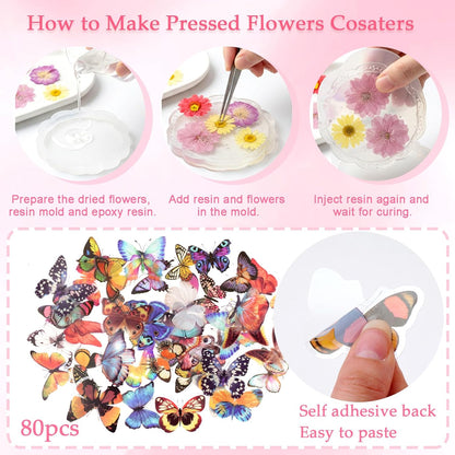 228Pcs Pressed Dried Flowers with Butterfly Stickers for Crafts, Natural Real Dried Pressed Flowers for DIY Art Butterfly Stickers Tweezers for Candle Soap Making, Scrapbook