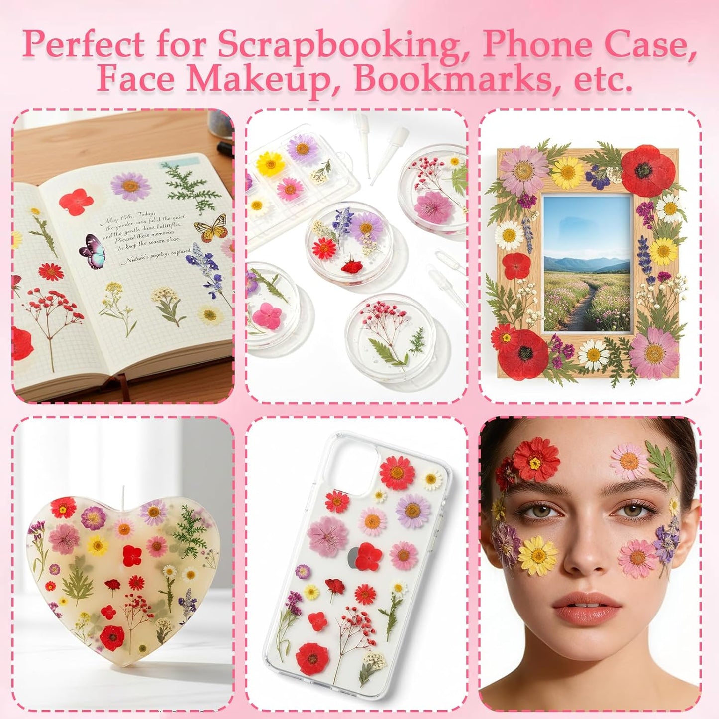 228Pcs Pressed Dried Flowers with Butterfly Stickers for Crafts, Natural Real Dried Pressed Flowers for DIY Art Butterfly Stickers Tweezers for Candle Soap Making, Scrapbook