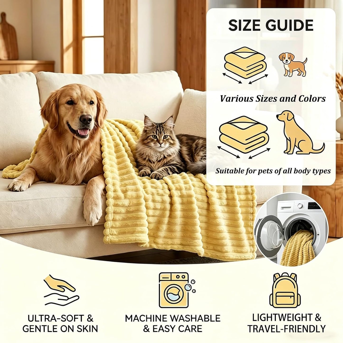 Emotional Support Blanket for Dogs, 3D Textured Yellow Pet Calming Throw, Anti-Anxiety Soft Fleece Blanket for Small Medium Large Dogs Cats and Rabbits (Yellow,70 * 100cm/28×39in)