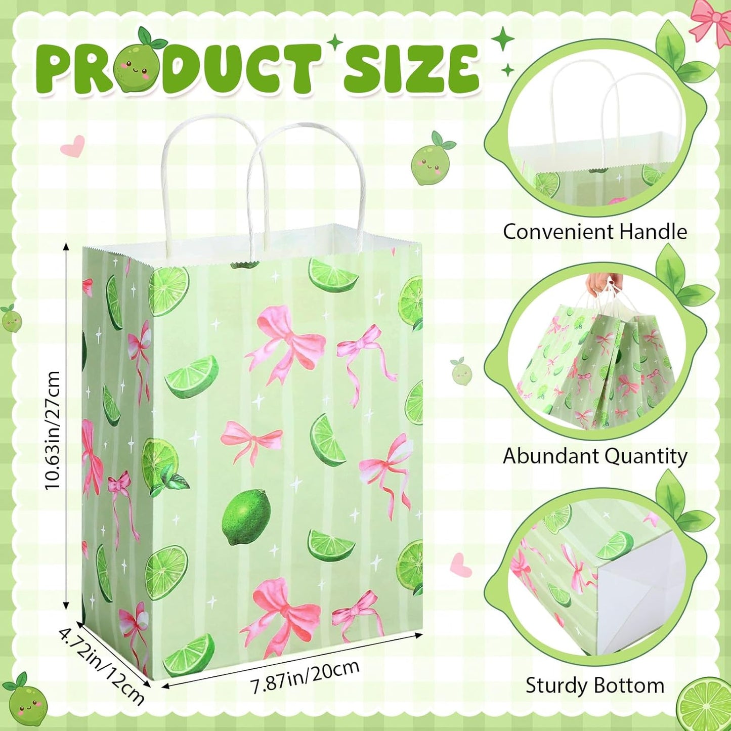 80 Pcs Green Lemon Bow Paper Gift Bags with Handles, Gift Wrap Party Favors Bags Wrapping Bag for Women Girls Cute Fruit Themed Birthday Baby Showers Bridal Shower Supplies