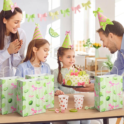 80 Pcs Green Lemon Bow Paper Gift Bags with Handles, Gift Wrap Party Favors Bags Wrapping Bag for Women Girls Cute Fruit Themed Birthday Baby Showers Bridal Shower Supplies
