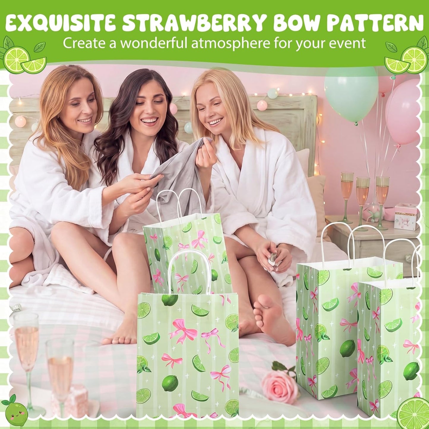 80 Pcs Green Lemon Bow Paper Gift Bags with Handles, Gift Wrap Party Favors Bags Wrapping Bag for Women Girls Cute Fruit Themed Birthday Baby Showers Bridal Shower Supplies