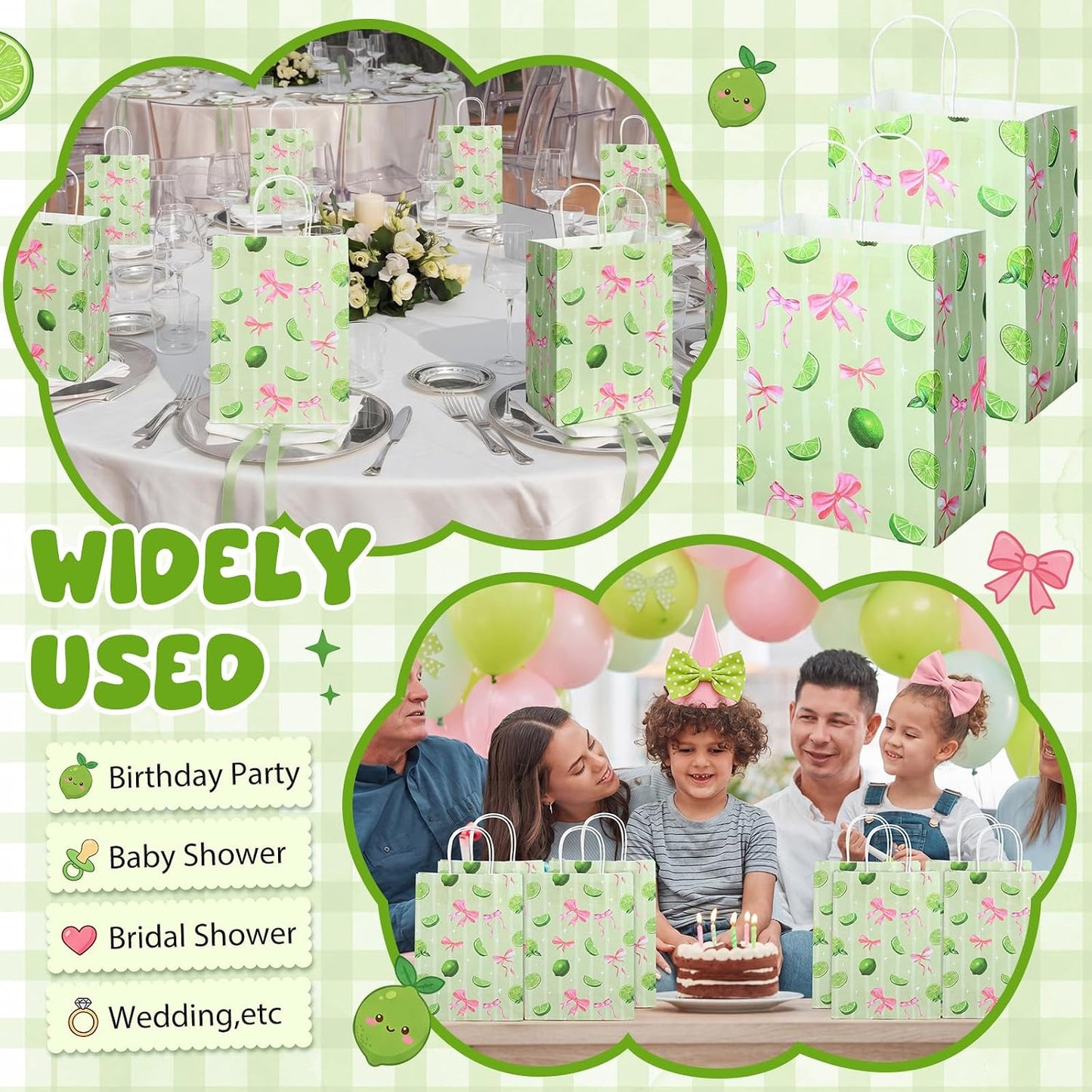 80 Pcs Green Lemon Bow Paper Gift Bags with Handles, Gift Wrap Party Favors Bags Wrapping Bag for Women Girls Cute Fruit Themed Birthday Baby Showers Bridal Shower Supplies