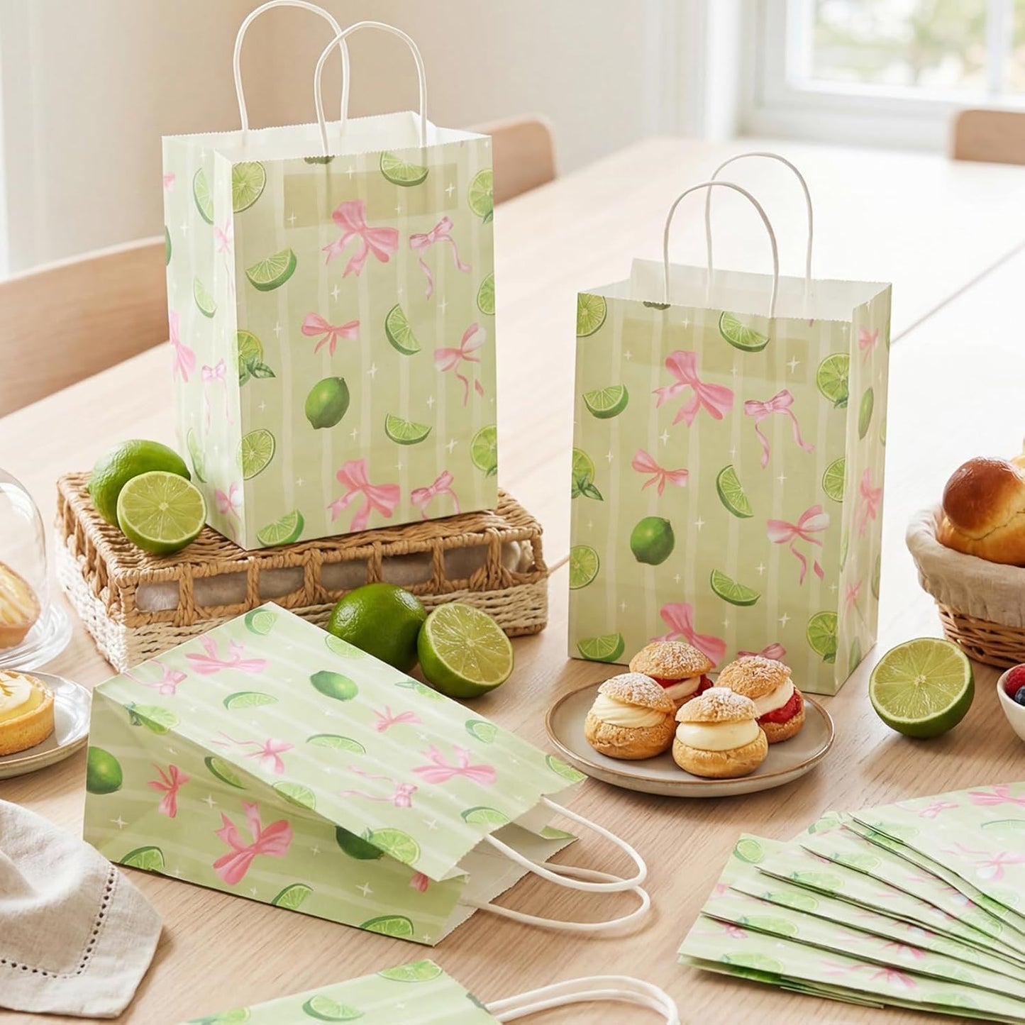 80 Pcs Green Lemon Bow Paper Gift Bags with Handles, Gift Wrap Party Favors Bags Wrapping Bag for Women Girls Cute Fruit Themed Birthday Baby Showers Bridal Shower Supplies