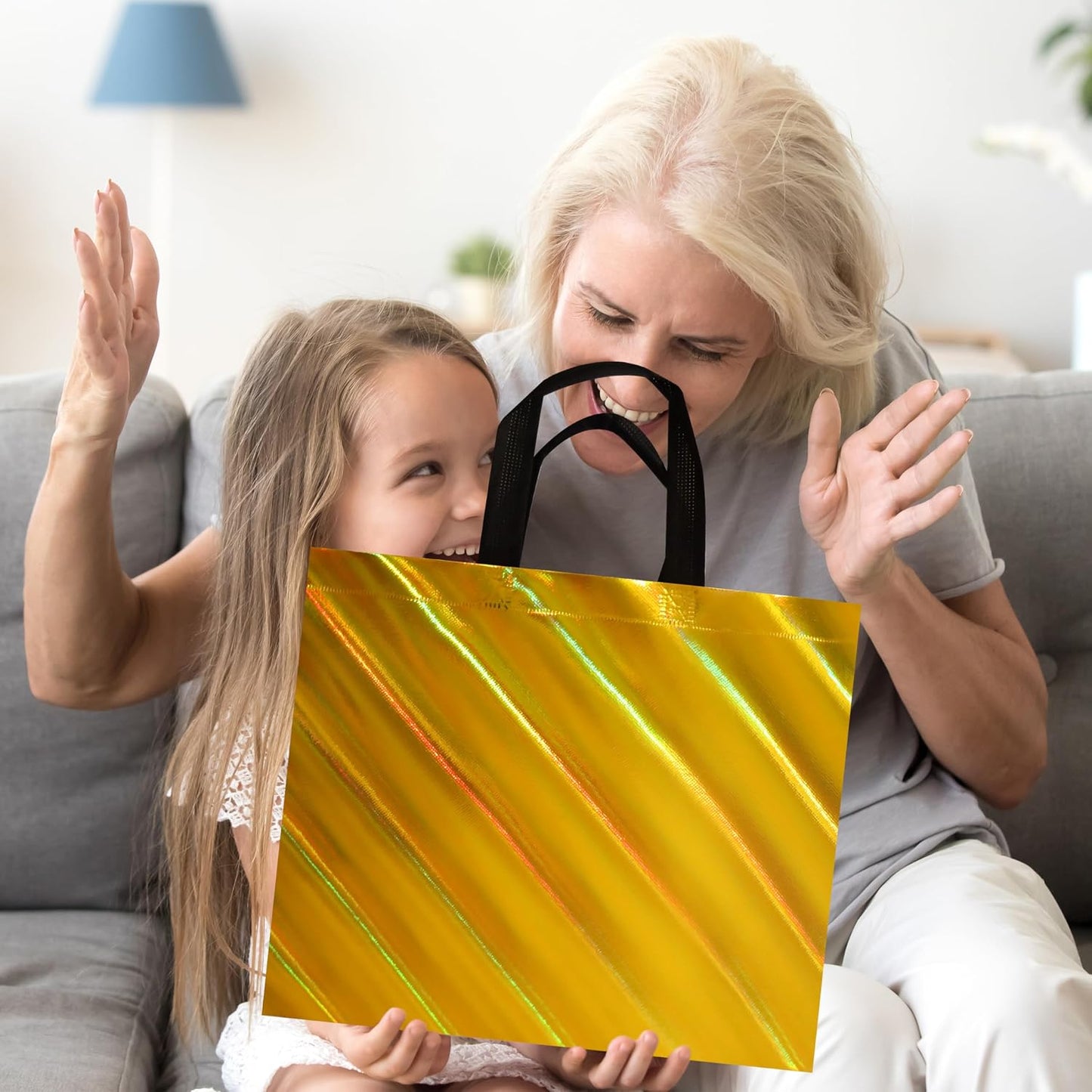 Non Woven Reusable Gift Bags Bulk 16 Pack - Sturdy Gift Bags with Handles for Events & Parties - Eco Friendly Goodie Bags (Yellow 12.6" L x 4.7" W x 11" H)