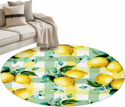 3ft Round Rug,Summer Lemon Fruit Green Leaf Washable Area Rugs Non-Slip Accent Rug Light Yellow Green Check Soft Circle Carpet for Living Room Bedroom Home Office Decor