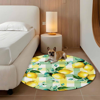 3ft Round Rug,Summer Lemon Fruit Green Leaf Washable Area Rugs Non-Slip Accent Rug Light Yellow Green Check Soft Circle Carpet for Living Room Bedroom Home Office Decor