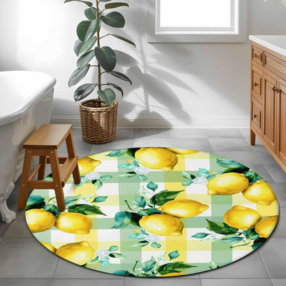3ft Round Rug,Summer Lemon Fruit Green Leaf Washable Area Rugs Non-Slip Accent Rug Light Yellow Green Check Soft Circle Carpet for Living Room Bedroom Home Office Decor