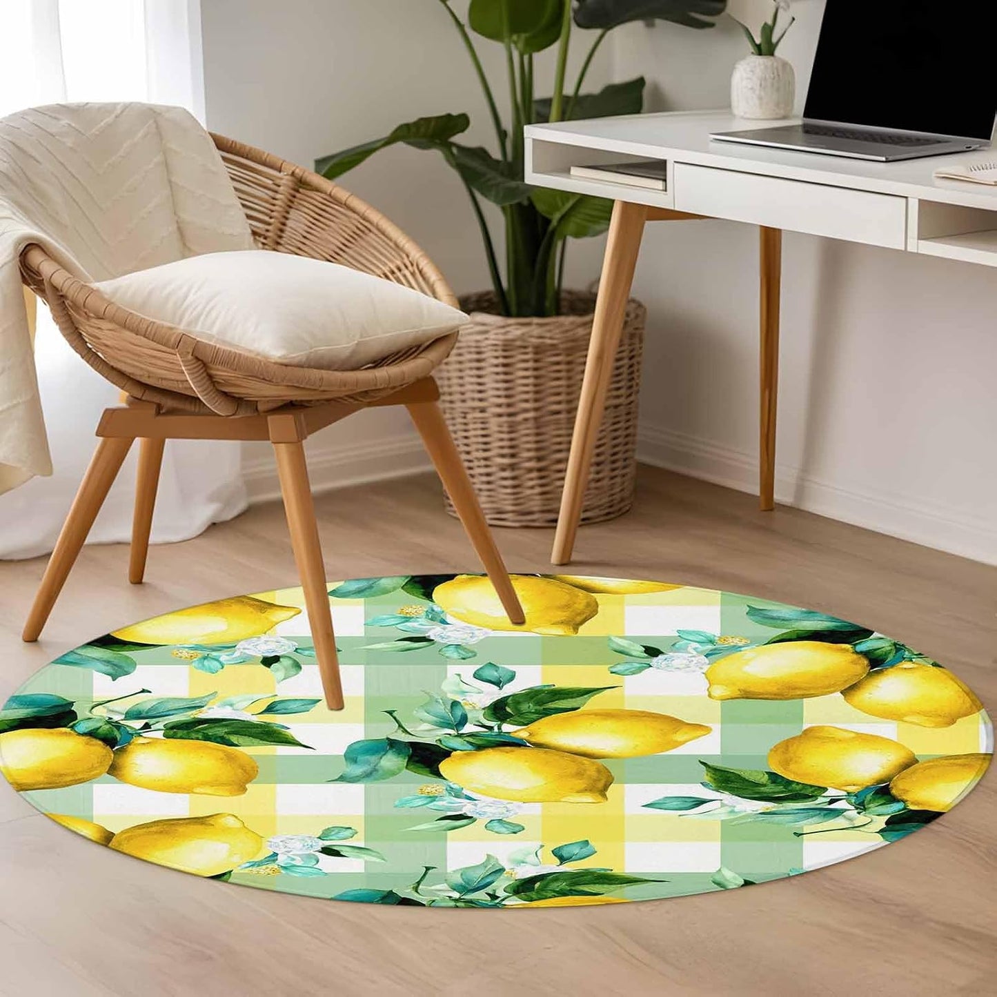 3ft Round Rug,Summer Lemon Fruit Green Leaf Washable Area Rugs Non-Slip Accent Rug Light Yellow Green Check Soft Circle Carpet for Living Room Bedroom Home Office Decor
