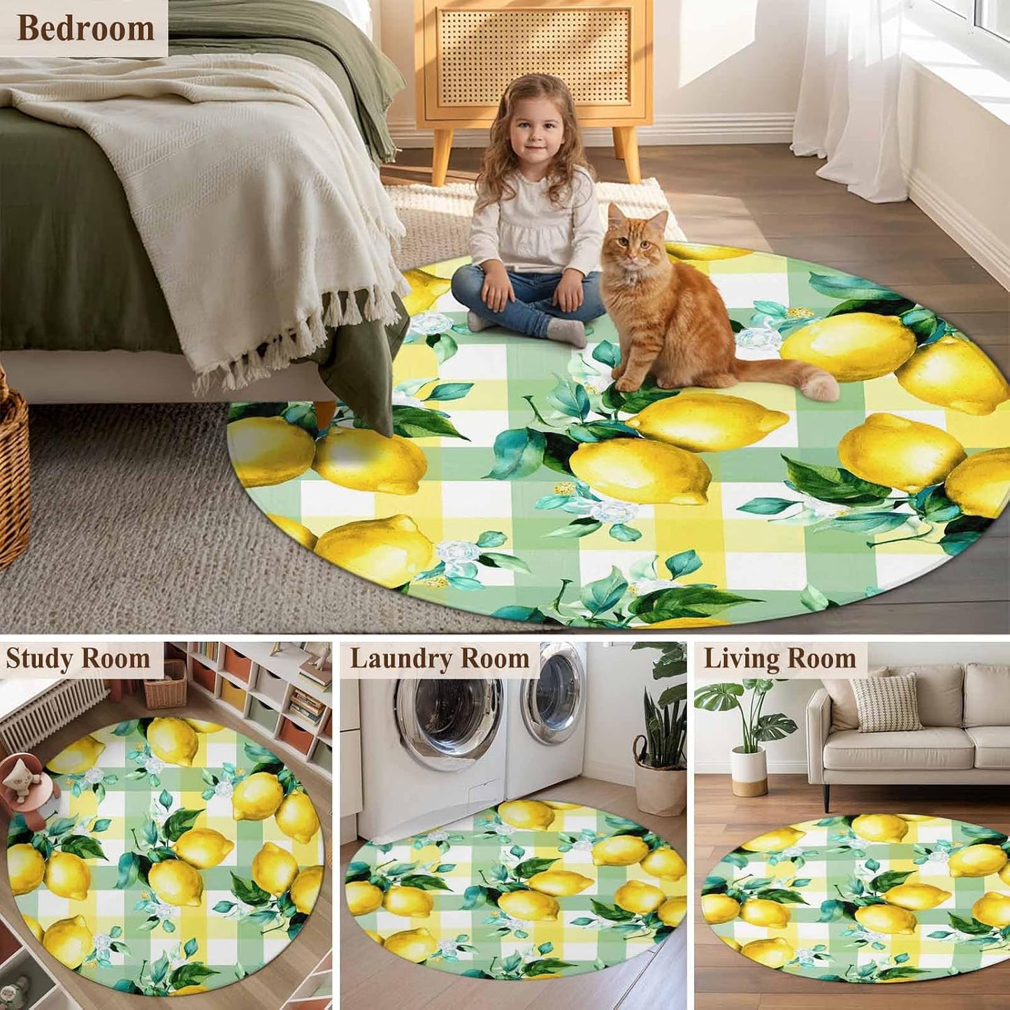 3ft Round Rug,Summer Lemon Fruit Green Leaf Washable Area Rugs Non-Slip Accent Rug Light Yellow Green Check Soft Circle Carpet for Living Room Bedroom Home Office Decor