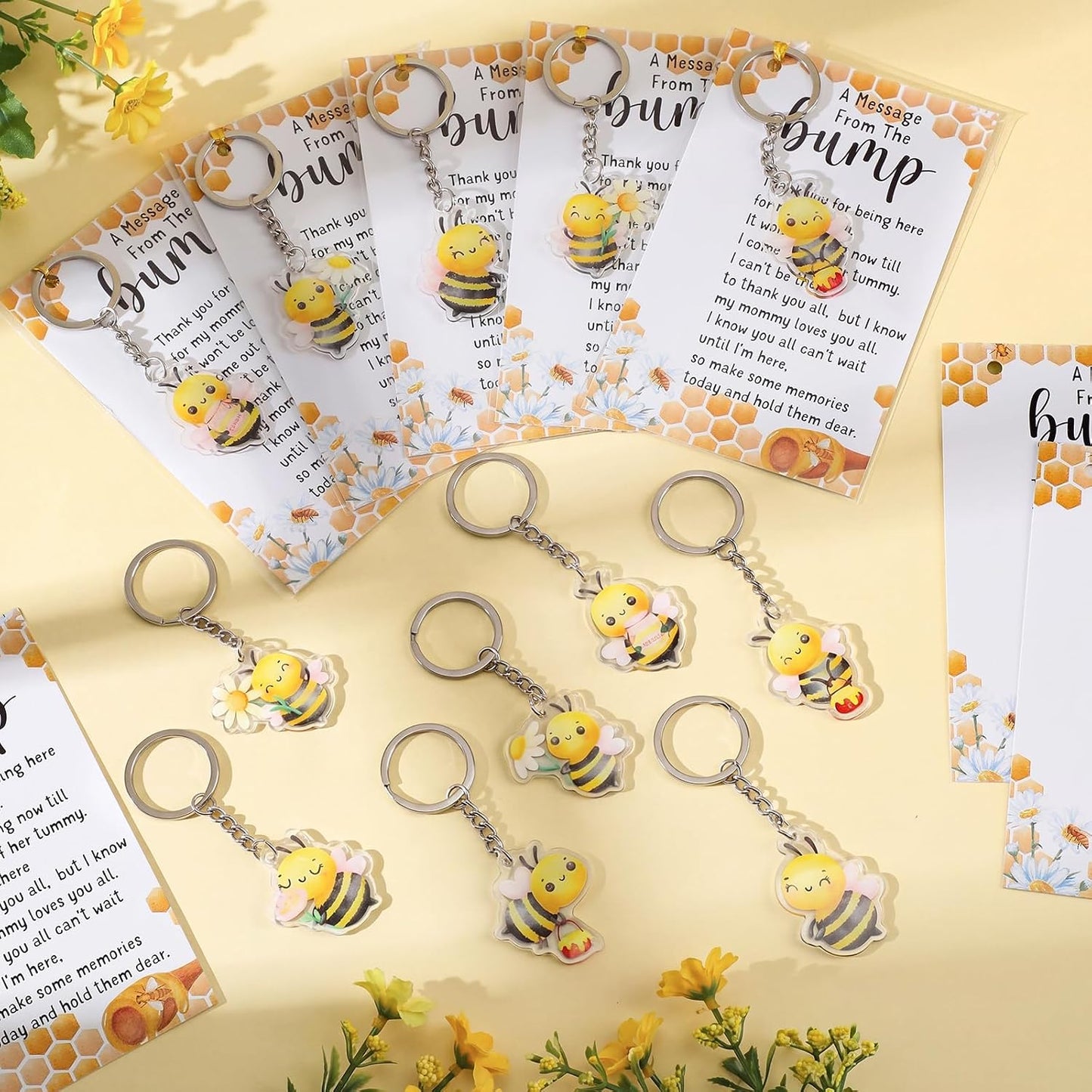 25 Sets Bee Themed Baby Shower Party Favors for Guest 25 Acrylic Keychains 25 Thank You Cards for Baby Gender Reveal Party(Light Yellow)
