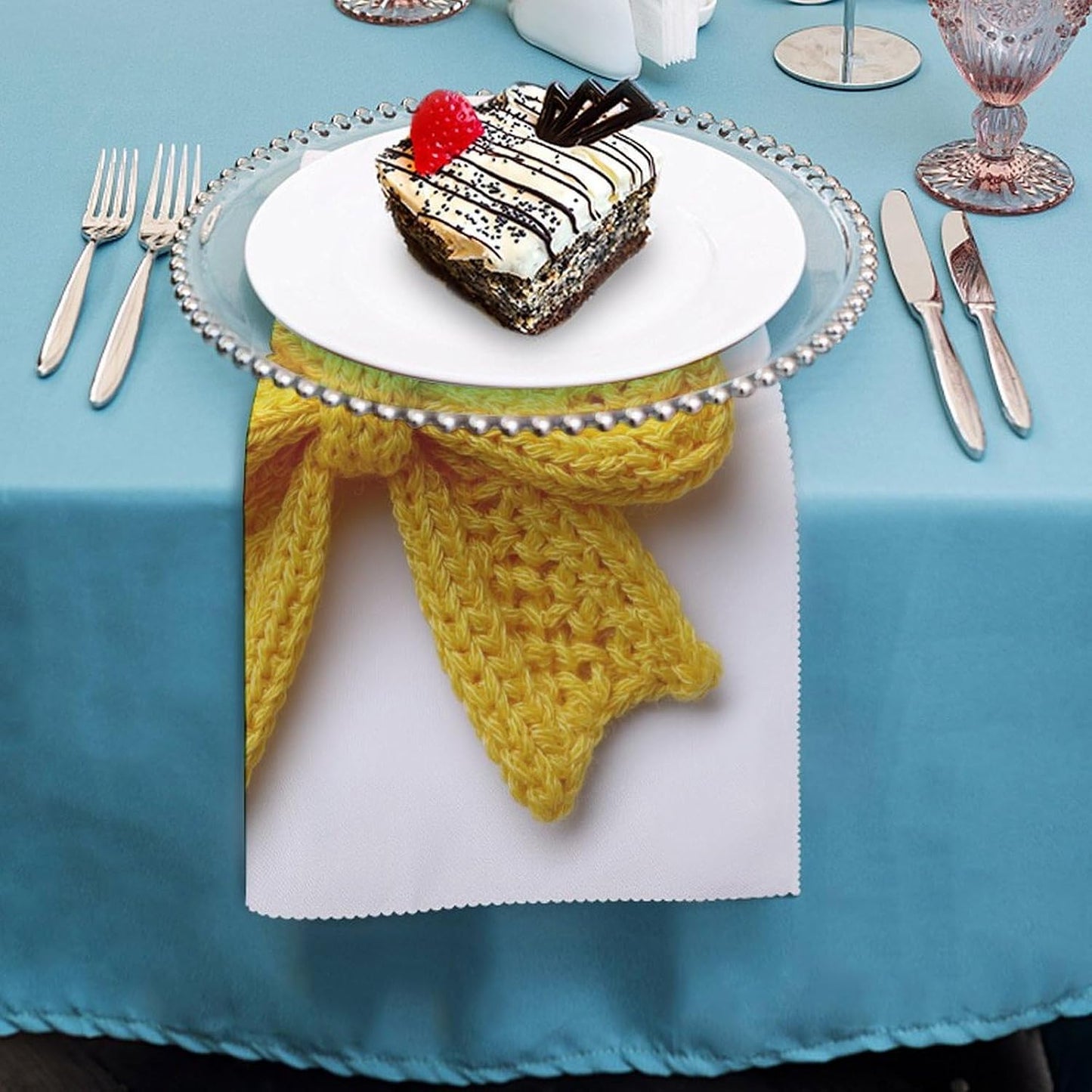 Yellow Bow Crochet Stitches Cloth Napkins Set of 6, Square Premium Reusable Washable Polyester Table Linen Napkin for Dinner Party