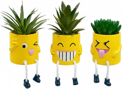 3Pcs Cute Fake Plants Small Potted Succulents with Yellow Pot, Creative Artificial Succulent Plants in Hanging Leg Fun Pot, Mini Vibrant Faux Plant for Home Office Desk Decor and Gift Choice