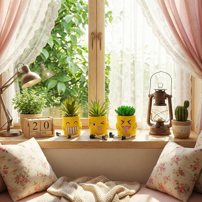 3Pcs Cute Fake Plants Small Potted Succulents with Yellow Pot, Creative Artificial Succulent Plants in Hanging Leg Fun Pot, Mini Vibrant Faux Plant for Home Office Desk Decor and Gift Choice