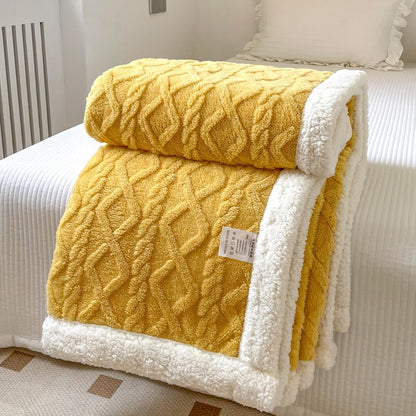 Faux Fur Throw Blanket,Jacquard Thick Blanket,Double-Sided Fluff Plush Warm Blanket for Couch Bed Sofa Office Travel Cozy Winter Thickened Blanket Yellow 78.7 x 90.6 inch