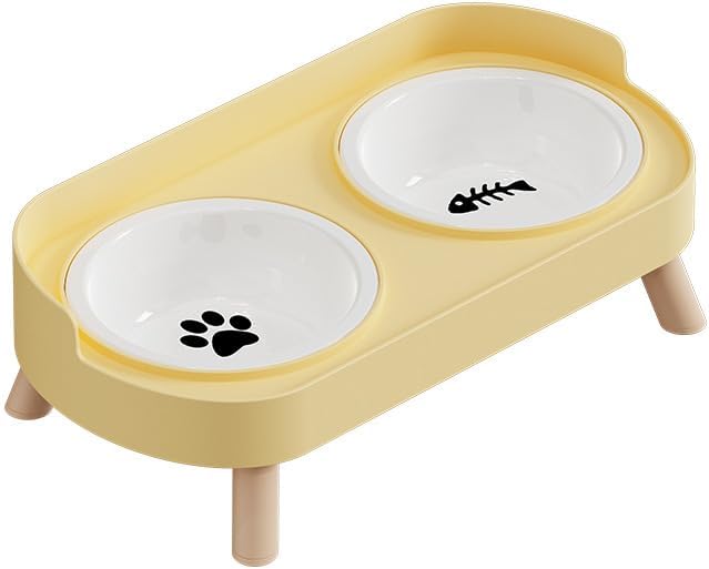 Elevated Ceramic Cat Bowls, 2 Pack Anti-Whisker Fatigue Food and Water Bowls, Non-Slip Raised Feeder for Cats and Small Dogs (Yellow)